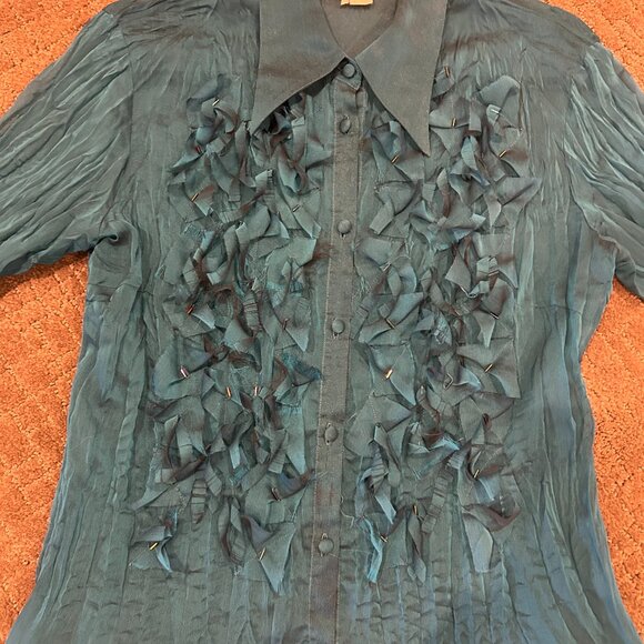 PEACOCK TEAL BEADED CHIFFON BLOUSE, FRENCH CUFFS - Picture 2 of 4